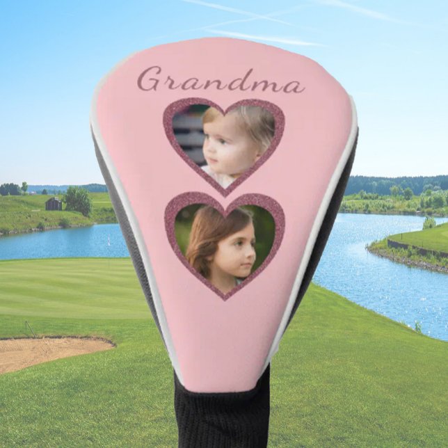 Grandma Pink Hearts 2 Grandchildren Photo Collage  Golf Head Cover (Creator Uploaded)