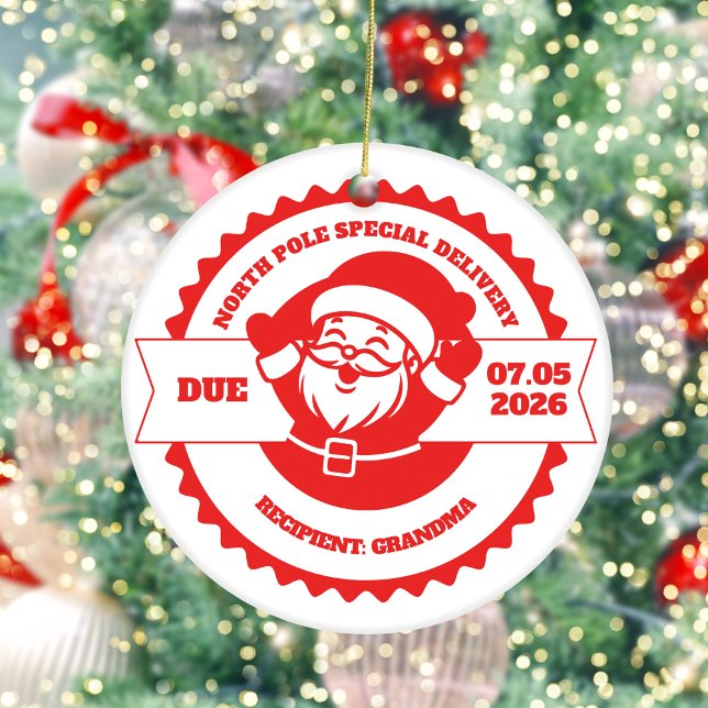 Grandma Pregnancy Announcement Christmas  Ceramic Ornament (Personalized “North Pole Special Delivery” Grandma Pregnancy Announcement Christmas Ornament )