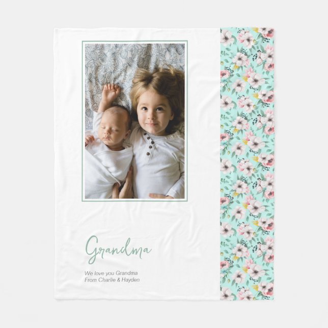Grandma Pretty Personalized Pink Green Flower Fleece Blanket (Front)