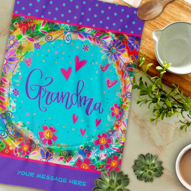 Grandma Purple Pretty Floral Fun Personalized Kitchen Towel (Creator Uploaded)