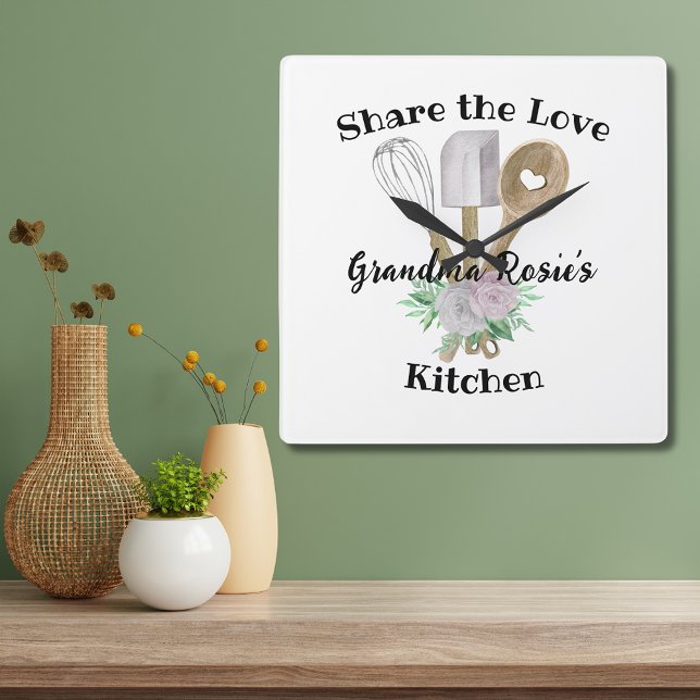 Grandma Recipes | Share the Love Personalized Square Wall Clock (Grandma's Kitchen Custom Share the Love clock with her name and watercolor kitchen utensils.)