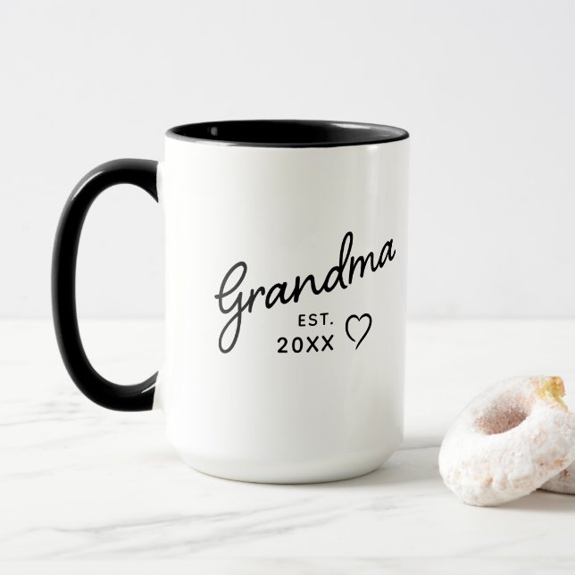 Grandma Reveal Est. Year Minimalist Black & White Mug (With Donut)