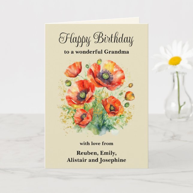 Grandma Rustic Red Poppies Floral Happy Birthday Card (Small Plant)