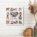 Grandma Script Family Memory Photo Grid Collage Square Wall Clock<br><div class="desc">A beautiful personalized gift for your grandma that she'll cherish for years to come. Features a modern thirteen photo grid collage layout to display 13 of your own special family photo memories. "Grandma" designed in a beautiful handwritten black script style. Each photo is framed with a simple gold-coloured frame. Simple...</div>