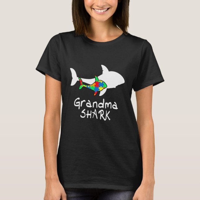 Grandma Shark Puzzle Piece Cool Autism Awareness T-Shirt (Front)