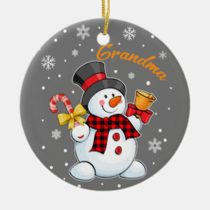 Grandma Snowman Candy Cane Christmas Red Plaid Ceramic Ornament