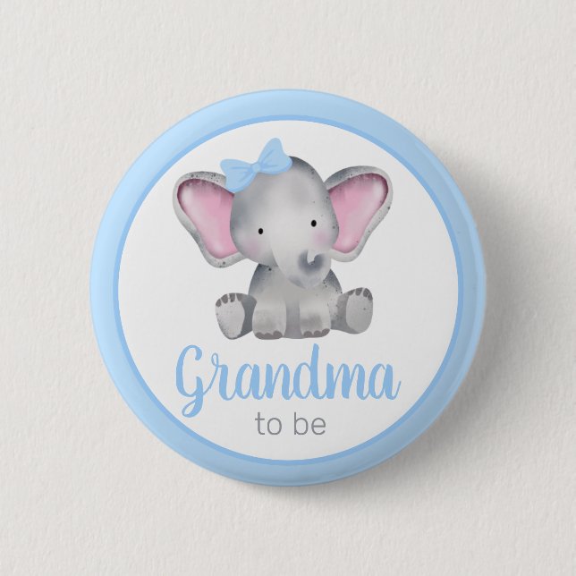 Grandma To Be Blue Elephant Boy Baby Shower Button (Front)