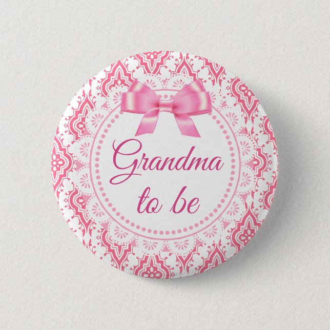 Grandma to be Pink Bow Lacey Baby Shower Button (Front)
