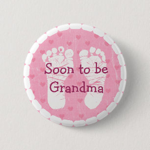 Grandma to be Pink Footprints Baby Shower Button