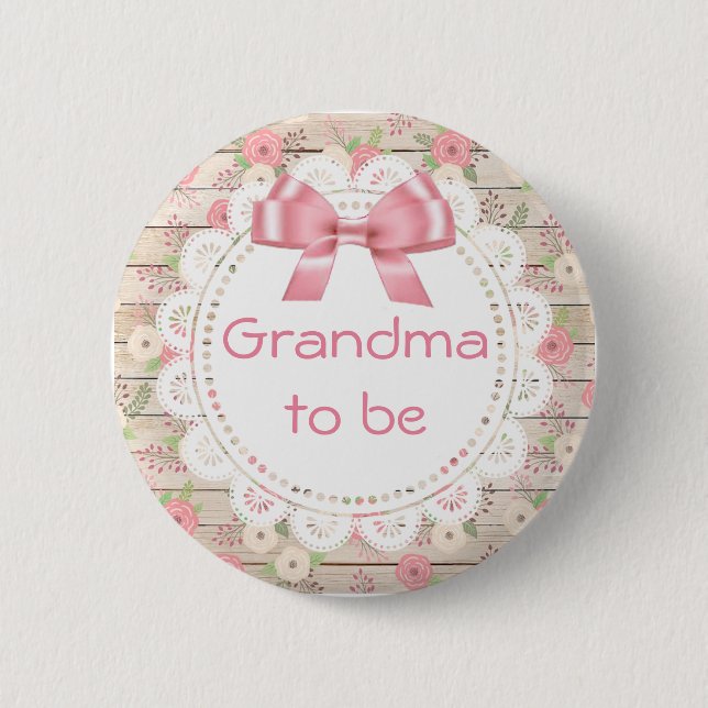 Grandma to be Tan and Pink Bow Baby Shower Button (Front)