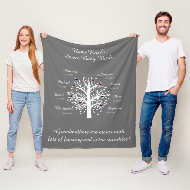 Grandma Tree, 8 Names & Dates, white on grey Fleece Blanket (In Situ)