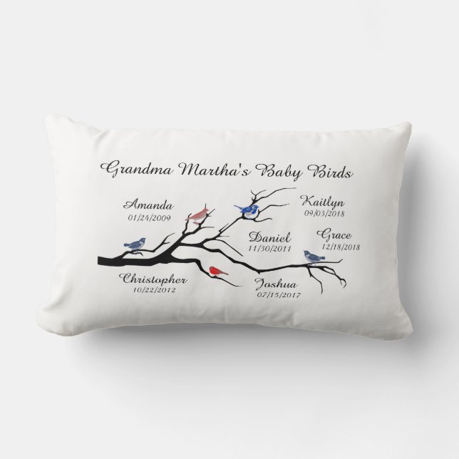 Grandma Tree (birds), customize 6 names/dates Lumbar Pillow (Front)