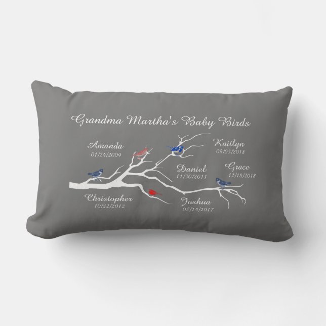 Grandma Tree (birds), customize with 6 names/dates Lumbar Pillow (Front)