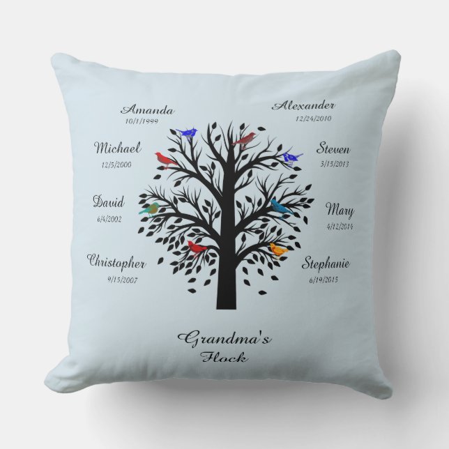 Grandma Tree, Black on Pale Grey, 8 Names & Dates Throw Pillow (Front)
