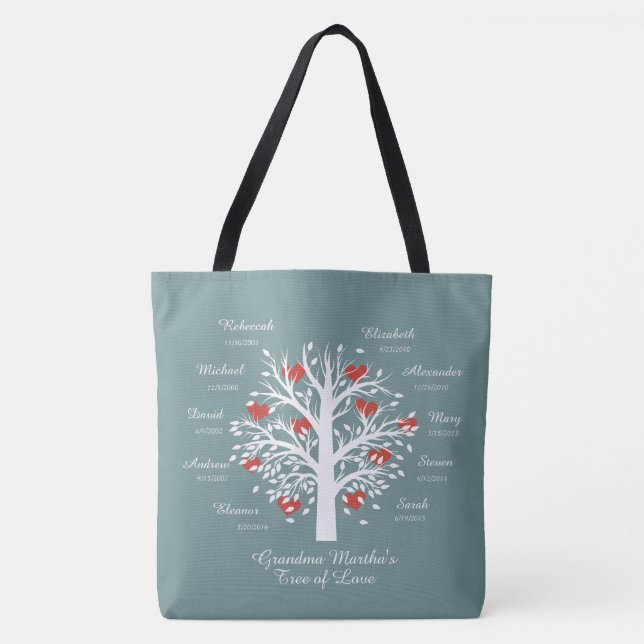 Grandma Tree (hearts)  10 names/birthdays Tote Bag (Front)