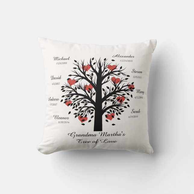 Grandma Tree (hearts) Black on White 8 Names/Dates Throw Pillow (Front)