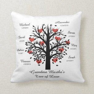 Grandma Tree (hearts) Black on White 8 Names/Dates Throw Pillow
