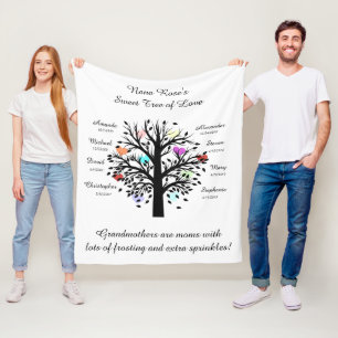 Grandma Tree (hearts), Black/White 8 Names & Dates Fleece Blanket
