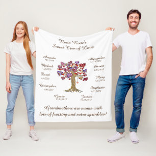 Grandma Tree, hearts Brown on White 10 Names/Dates Fleece Blanket