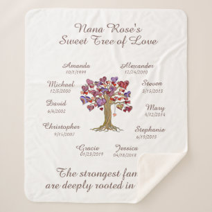 Grandma Tree hearts, Brown on White 10 Names/Dates Sherpa Blanket
