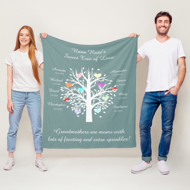 Grandma Tree (hearts), White/Blue, 8 Names & Dates Fleece Blanket (In Situ)