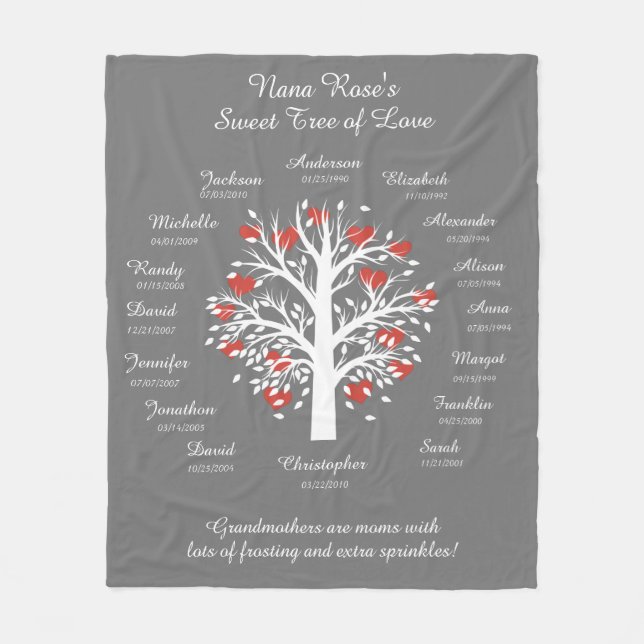 Grandma Tree (hearts), White/Grey, 16 Names/Dates Fleece Blanket (Front)