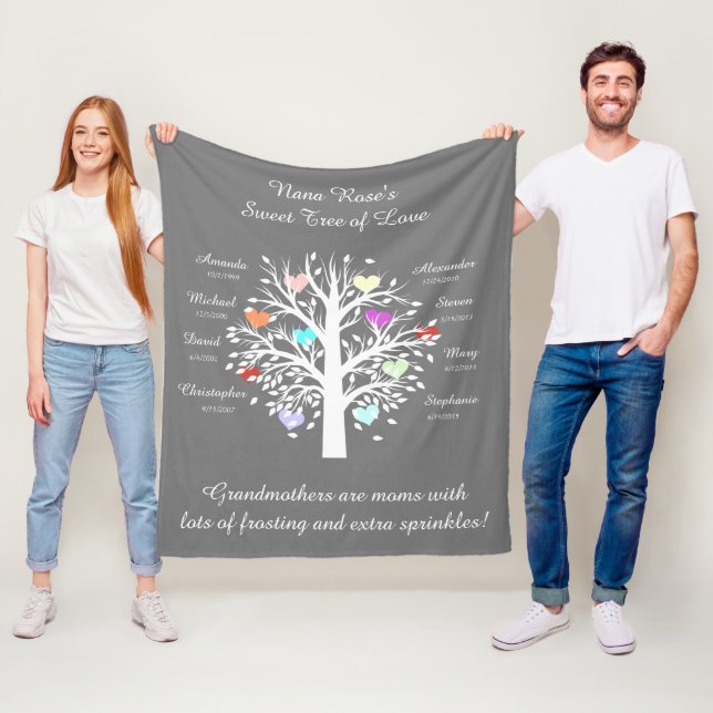 Grandma Tree (hearts), White/Grey 8 Names & Dates Fleece Blanket (In Situ)
