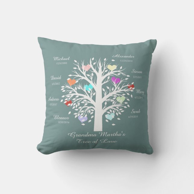 Grandma Tree (hearts) White on Blue, 8 Names/Dates Throw Pillow (Front)