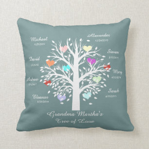 Grandma Tree (hearts) White on Blue, 8 Names/Dates Throw Pillow