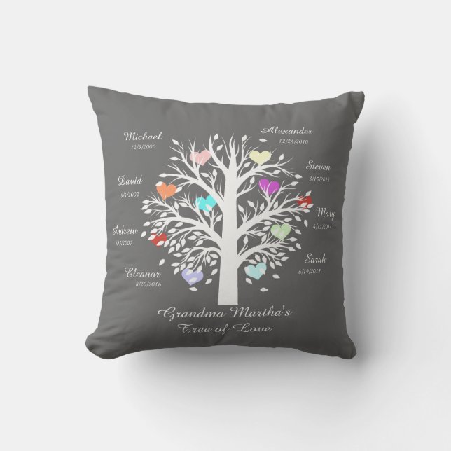 Grandma Tree (hearts) White on Grey, 8 Names/Dates Throw Pillow (Front)