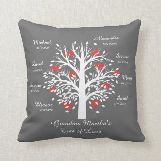 Grandma Tree (hearts) White on Grey, 8 Names/Dates Throw Pillow