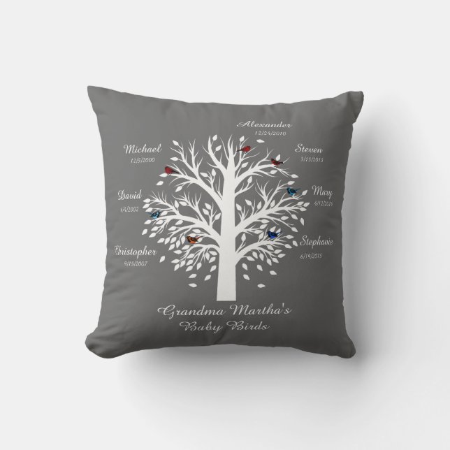 Grandma Tree, White on Grey, 7 Names & Dates Throw Pillow (Front)