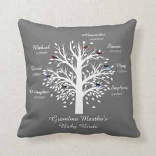 Grandma Tree, White on Grey, 7 Names & Dates Throw Pillow