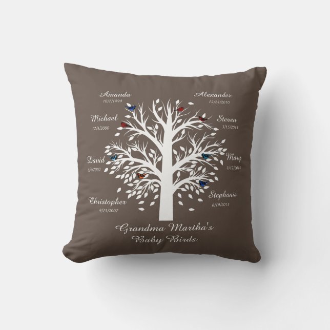 Grandma Tree, White on Taupe, 8 Names & Dates Throw Pillow (Front)