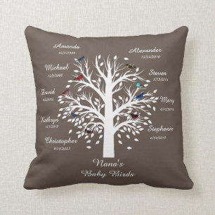 Grandma Tree, White on Taupe, 9 Names & Dates Throw Pillow
