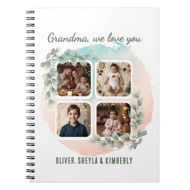 Grandma we love you 6 Photo Collage Eucalyptus Notebook (Front)