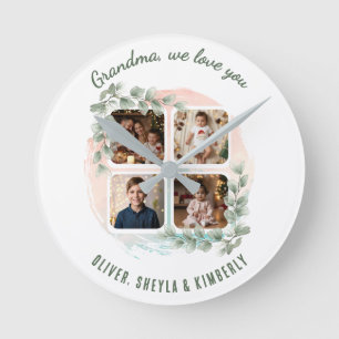 Grandma we love you 6 Photo Collage Eucalyptus Round Clock
