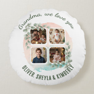 Grandma we love you 6 Photo Collage Eucalyptus Round Pillow