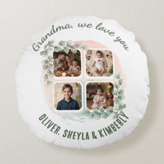 Grandma we love you 6 Photo Collage Eucalyptus Round Pillow