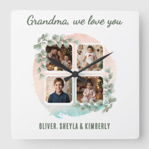 Grandma we love you 6 Photo Collage Eucalyptus Square Wall Clock