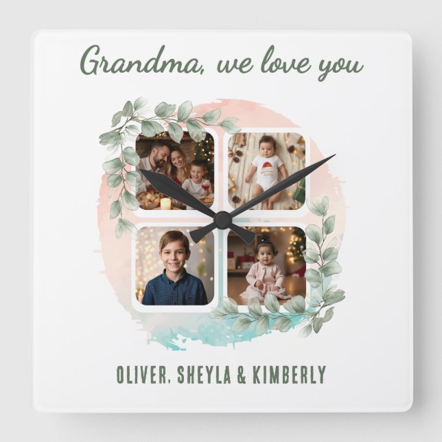 Grandma we love you 6 Photo Collage Eucalyptus Square Wall Clock (Front)