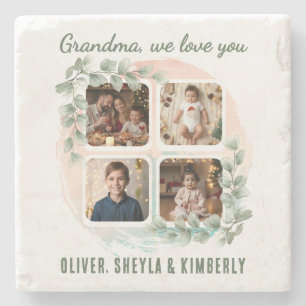Grandma we love you 6 Photo Collage Eucalyptus Stone Coaster