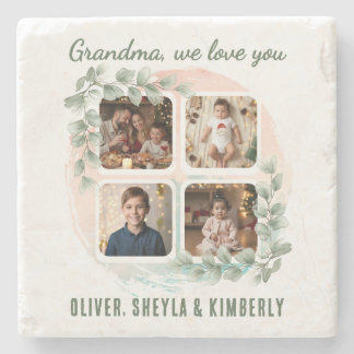 Grandma we love you 6 Photo Collage Eucalyptus Stone Coaster