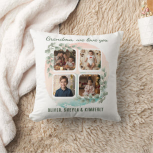 Grandma we love you 6 Photo Collage Eucalyptus Throw Pillow