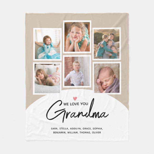 Grandma We Love You 6 Photo Script Tan Fleece Blanket (Front)