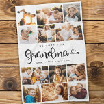 Grandma We Love you Hearts Modern Photo Collage Kitchen Towel<br><div class="desc">We love you Grandma! Cute, modern custom family photo collage kitchen towel to show grandma how much she's loved. We love this hand lettered script design with heart flourishes, making this a heartfelt keepsake gift for a beloved grandparent. Personalize with 12 favourite pictures and your personal message and names. Available...</div>