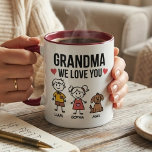 Grandma We Love You Kids Illustration Family  Mug<br><div class="desc">This mug features the phrase “Grandma We Love You” together with cheerful children illustrations and names beneath each character. The playful artwork represents grandchildren showing love for their grandmother in a warm and joyful design. The names can be edited so each child character reflects a grandchild in the family. The...</div>
