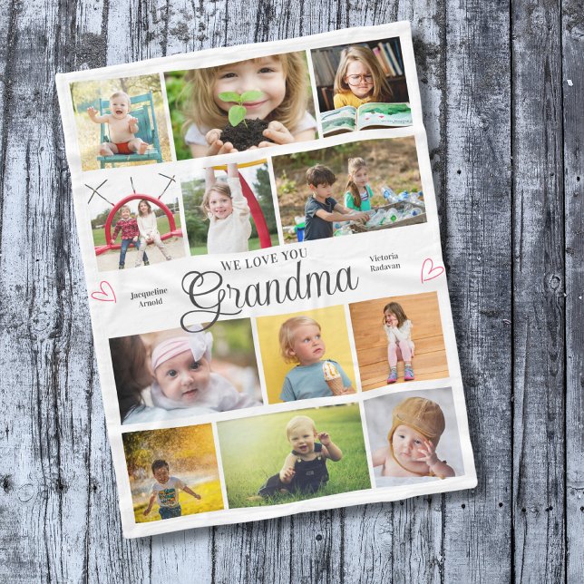 Grandma We Love You Personalized Hearts Fleece Blanket (Personalized Grandma we love you fleece blanket with 12 photos and custom text)