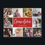 Grandma We Love You Photo Collage<br><div class="desc">Modern photo collage magnetic card featuring 10 family photos and typography script grandma we love you on a red background.</div>