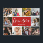 Grandma We Love You Photo Collage<br><div class="desc">Modern photo collage magnetic card featuring 10 family photos and typography script grandma we love you on a red background.</div>